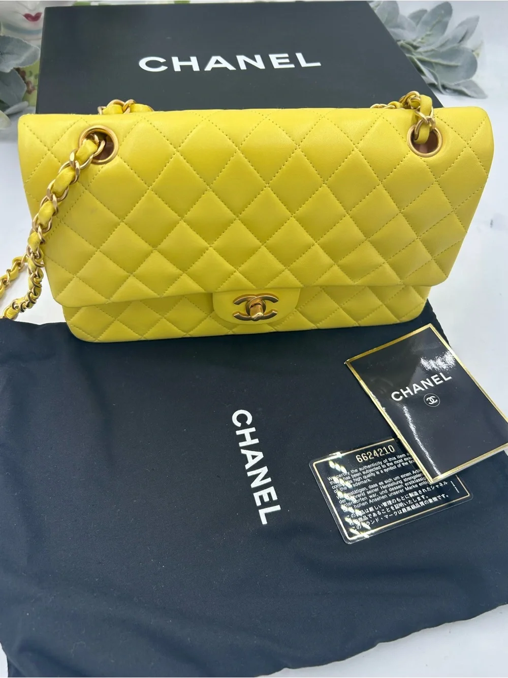 Women's Chanel Classic Quilted double Flap Bag in Yellow with Gold Hardware